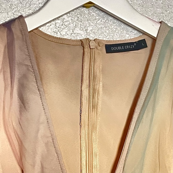 Deep V-Neck Long Puff Sleeve Pastel Dress Size Large | Coquette, Regencycore - Picture 5 of 9